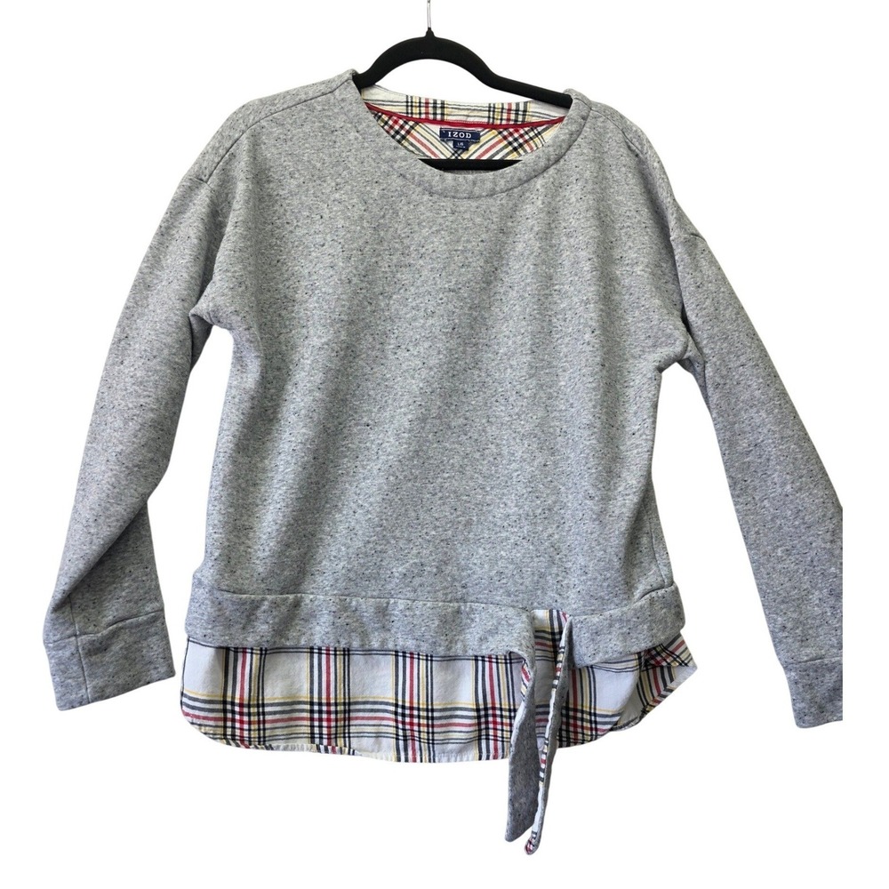 IZOD Womens Grey Marled Layered Plaid Hem Sweatshirt Side Tie Top Large